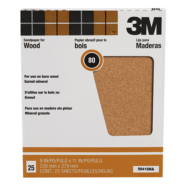 3M 9" x 11" Garnet Sandpaper, 80-Grit, PK 25 99416